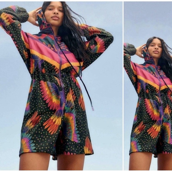 Farm Rio Rainbow Birds Sweatshirt Romper Women's XL Hooded NWT - Picture 2 of 16